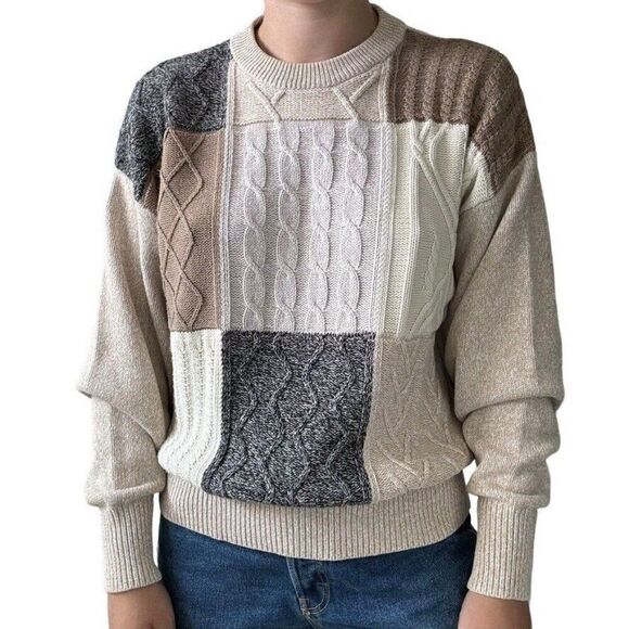 Vintage 1990s Tan Brown Checkered Cotton Chunky Oversized Sweater Sz XL - Picture 1 of 4
